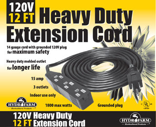 Heavy Duty 3 Outlet Power Strip / Extension Cord, 120V, 12'